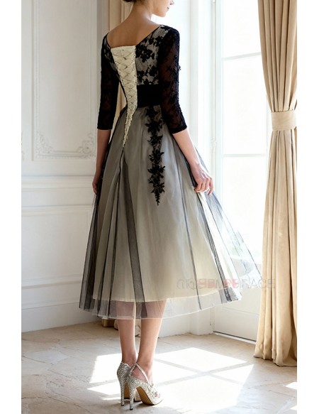 Short Scoop Long-sleaves Tea-length Dresses With Lace