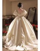 Vintage Inspired Ivory Satin Ballgown Wedding Dress With Bubble Sleeves
