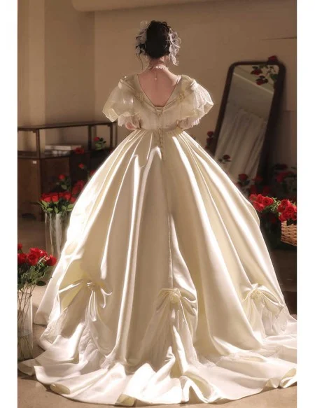 Vintage Inspired Ivory Satin Ballgown Wedding Dress With Bubble Sleeves