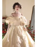 Vintage Inspired Ivory Satin Ballgown Wedding Dress With Bubble Sleeves