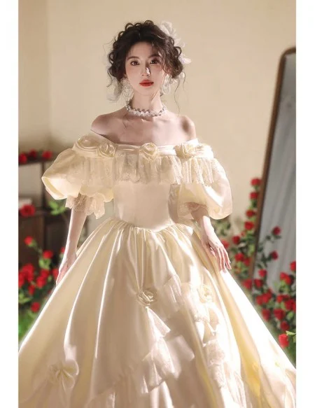 Vintage Inspired Ivory Satin Ballgown Wedding Dress With Bubble Sleeves