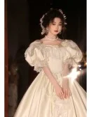 Vintage Inspired Ivory Satin Ballgown Wedding Dress With Bubble Sleeves