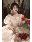 Vintage Inspired Ivory Satin Ballgown Wedding Dress With Bubble Sleeves