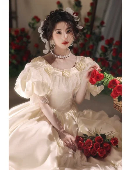 Vintage Inspired Ivory Satin Ballgown Wedding Dress With Bubble Sleeves