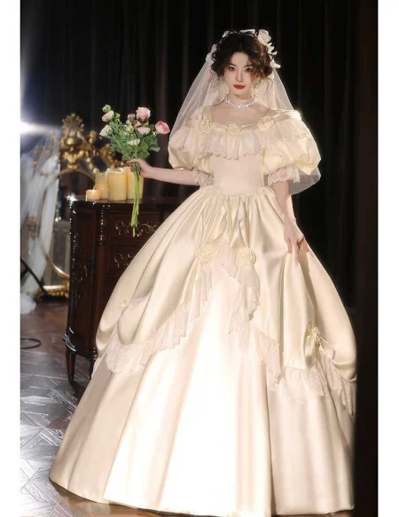 Vintage Inspired Ivory Satin Ballgown Wedding Dress With Bubble Sleeves