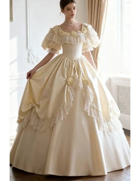 Vintage Inspired Ivory Satin Ballgown Wedding Dress With Bubble Sleeves