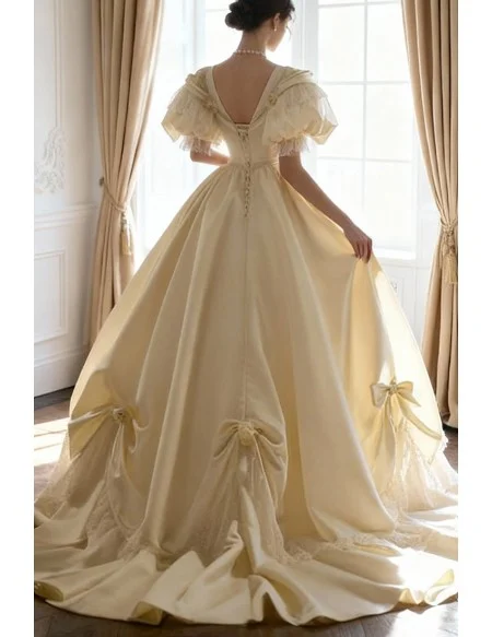 Vintage Inspired Ivory Satin Ballgown Wedding Dress With Bubble Sleeves