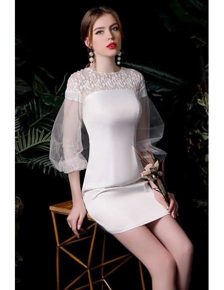 Elegant Satin Sheath Mini Wedding Reception Dress with Sleeves