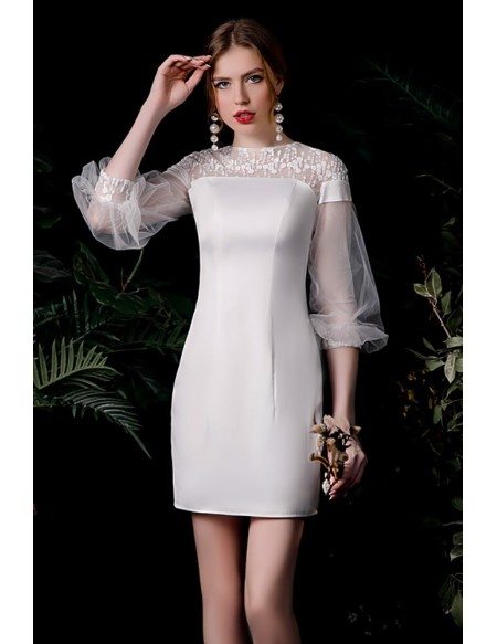 Elegant Satin Sheath Mini Wedding Reception Dress with Sleeves