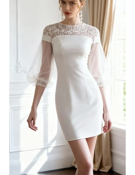 Elegant Satin Sheath Mini Wedding Reception Dress with Sleeves