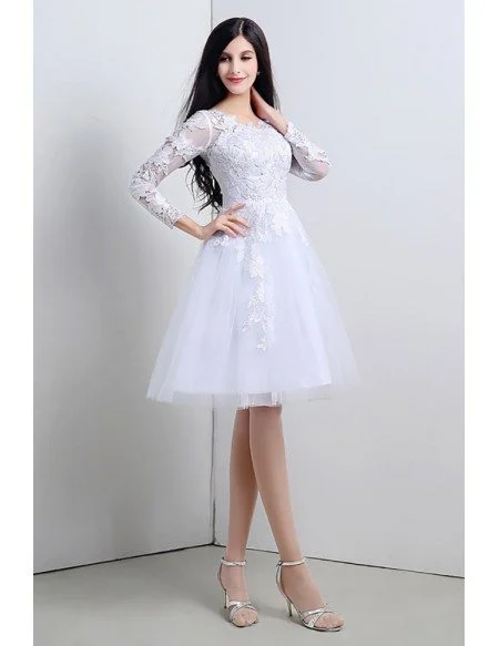 Modest Short Tulle Lace Wedding Dress Long Sleeved For Summer Beach