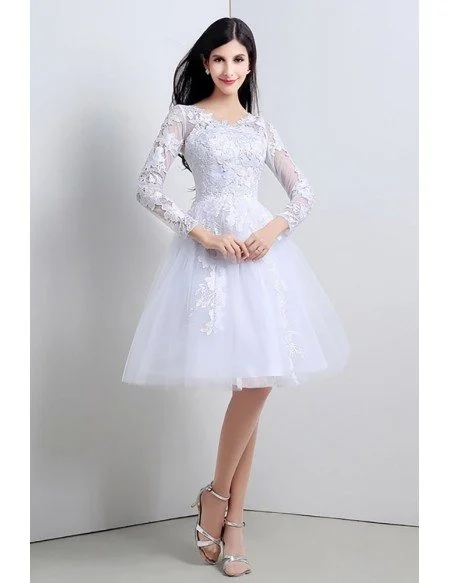 Modest Short Tulle Lace Wedding Dress Long Sleeved For Summer Beach