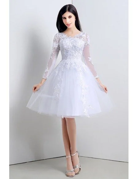 Modest Short Tulle Lace Wedding Dress Long Sleeved For Summer Beach