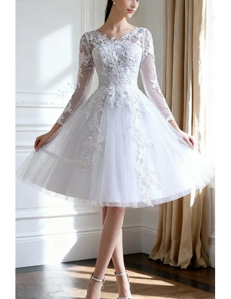 Modest Short Tulle Lace Wedding Dress Long Sleeved For Summer Beach