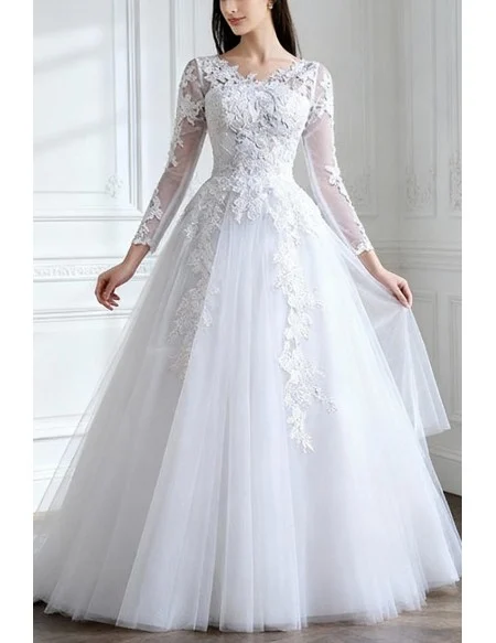 Modest Short Tulle Lace Wedding Dress Long Sleeved For Summer Beach