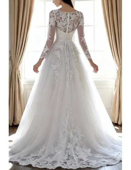 Modest Short Tulle Lace Wedding Dress Long Sleeved For Summer Beach