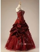 Burgundy Ballgown Embroidered Strapless Long Gown with Ruffles