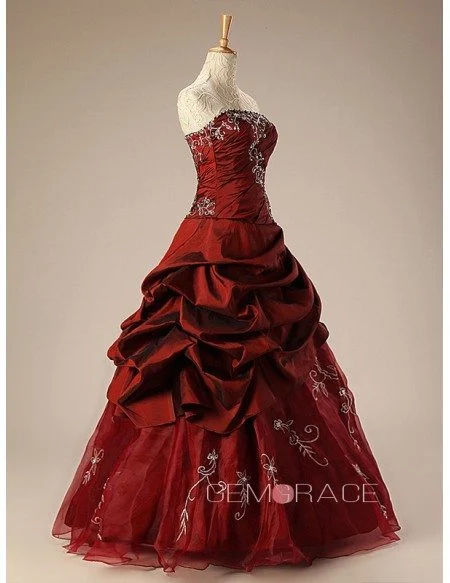 Burgundy Ballgown Embroidered Strapless Long Gown with Ruffles