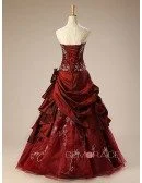 Burgundy Ballgown Embroidered Strapless Long Gown with Ruffles