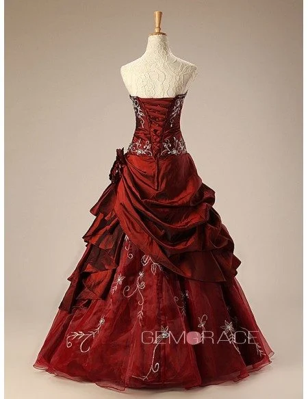 Burgundy Ballgown Embroidered Strapless Long Gown with Ruffles