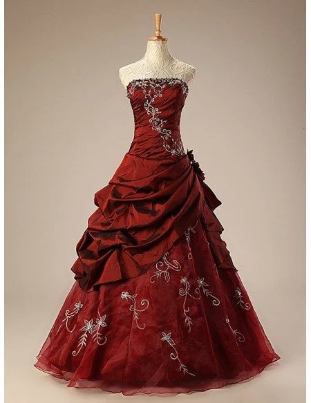 Burgundy Ballgown Embroidered Strapless Long Gown with Ruffles
