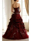 Burgundy Ballgown Embroidered Strapless Long Gown with Ruffles