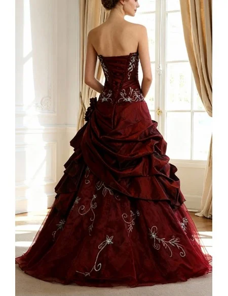 Burgundy Ballgown Embroidered Strapless Long Gown with Ruffles