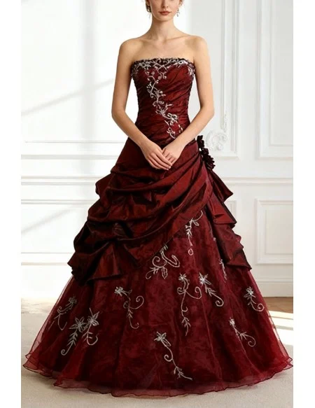 Burgundy Ballgown Embroidered Strapless Long Gown with Ruffles