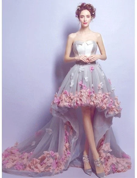 Dreamy High Low Sweetheart Tulle Wedding Dress With Flowers