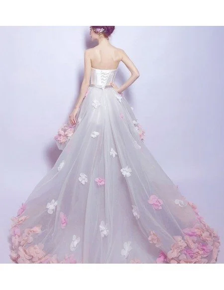 Dreamy High Low Sweetheart Tulle Wedding Dress With Flowers