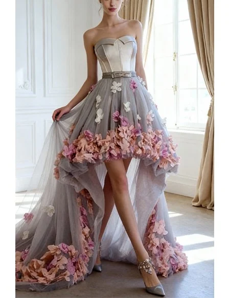Dreamy High Low Sweetheart Tulle Wedding Dress With Flowers