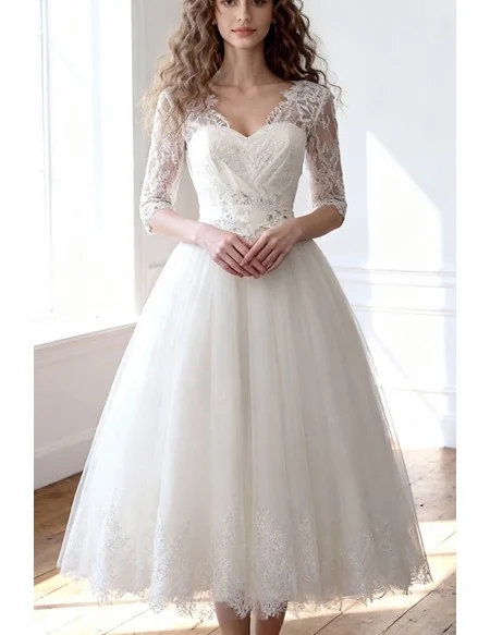 Backless Midi Ivory Bridal Party Dress With 1/2 Lace Sleeves