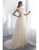 Chic Halter Champagne Long Tulle Wedding Dress With Pearls