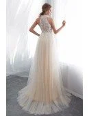 Chic Halter Champagne Long Tulle Wedding Dress With Pearls