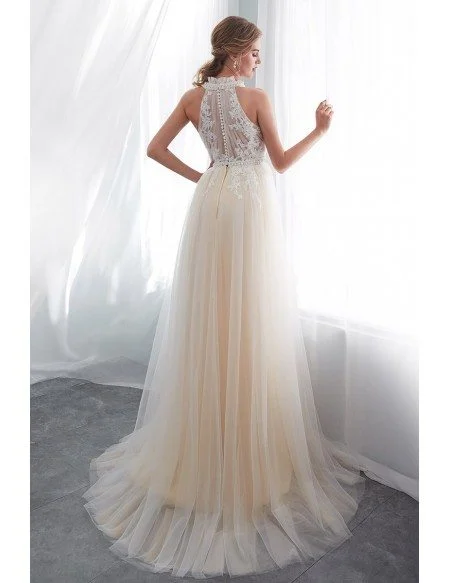Chic Halter Champagne Long Tulle Wedding Dress With Pearls
