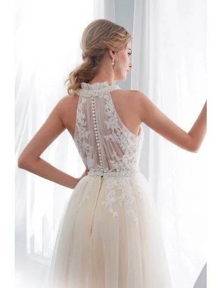Chic Halter Champagne Long Tulle Wedding Dress With Pearls