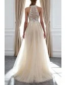 Chic Halter Champagne Long Tulle Wedding Dress With Pearls