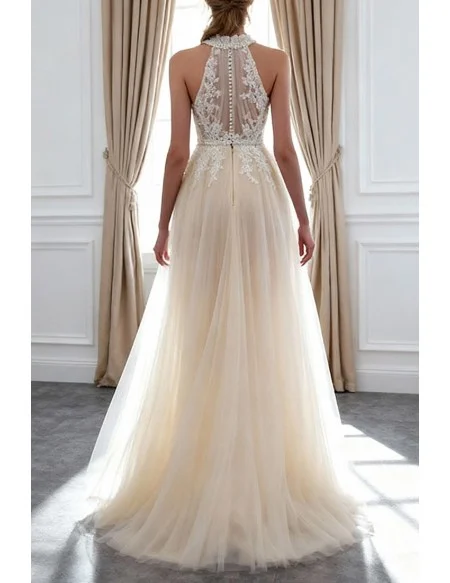 Chic Halter Champagne Long Tulle Wedding Dress With Pearls