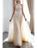 Chic Halter Champagne Long Tulle Wedding Dress With Pearls