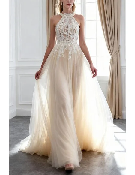 Chic Halter Champagne Long Tulle Wedding Dress With Pearls