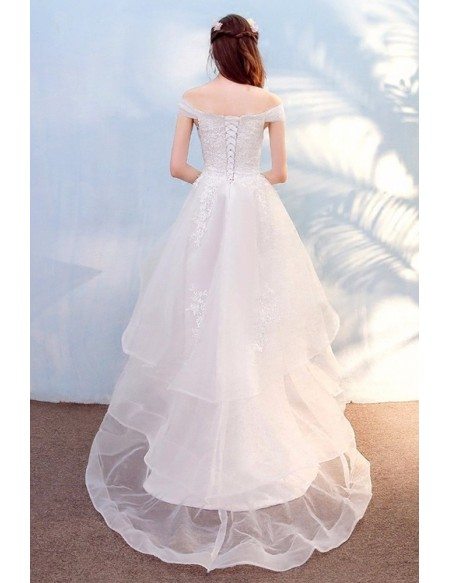Pretty Lace High Low Beach Wedding Dress with Off Shoulder Outdoor Weddings