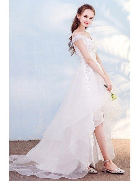 Pretty Lace High Low Beach Wedding Dress with Off Shoulder Outdoor Weddings
