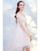 Pretty Lace High Low Beach Wedding Dress with Off Shoulder Outdoor Weddings