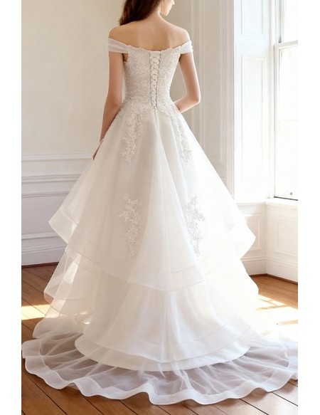 Pretty Lace High Low Beach Wedding Dress with Off Shoulder Outdoor Weddings