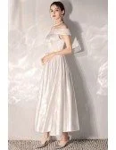 Vintage Chic Tea Length Satin Wedding Dress With Off Shoulder