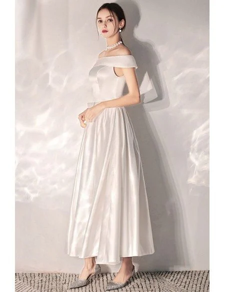 Vintage Chic Tea Length Satin Wedding Dress With Off Shoulder