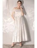 Vintage Chic Tea Length Satin Wedding Dress With Off Shoulder