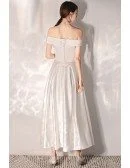 Vintage Chic Tea Length Satin Wedding Dress With Off Shoulder
