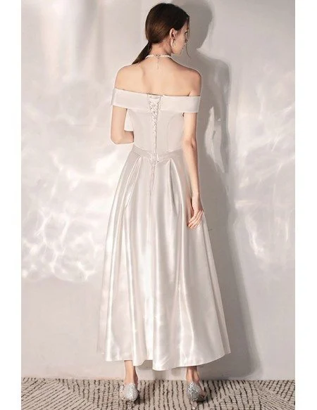 Vintage Chic Tea Length Satin Wedding Dress With Off Shoulder