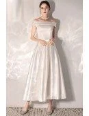 Vintage Chic Tea Length Satin Wedding Dress With Off Shoulder